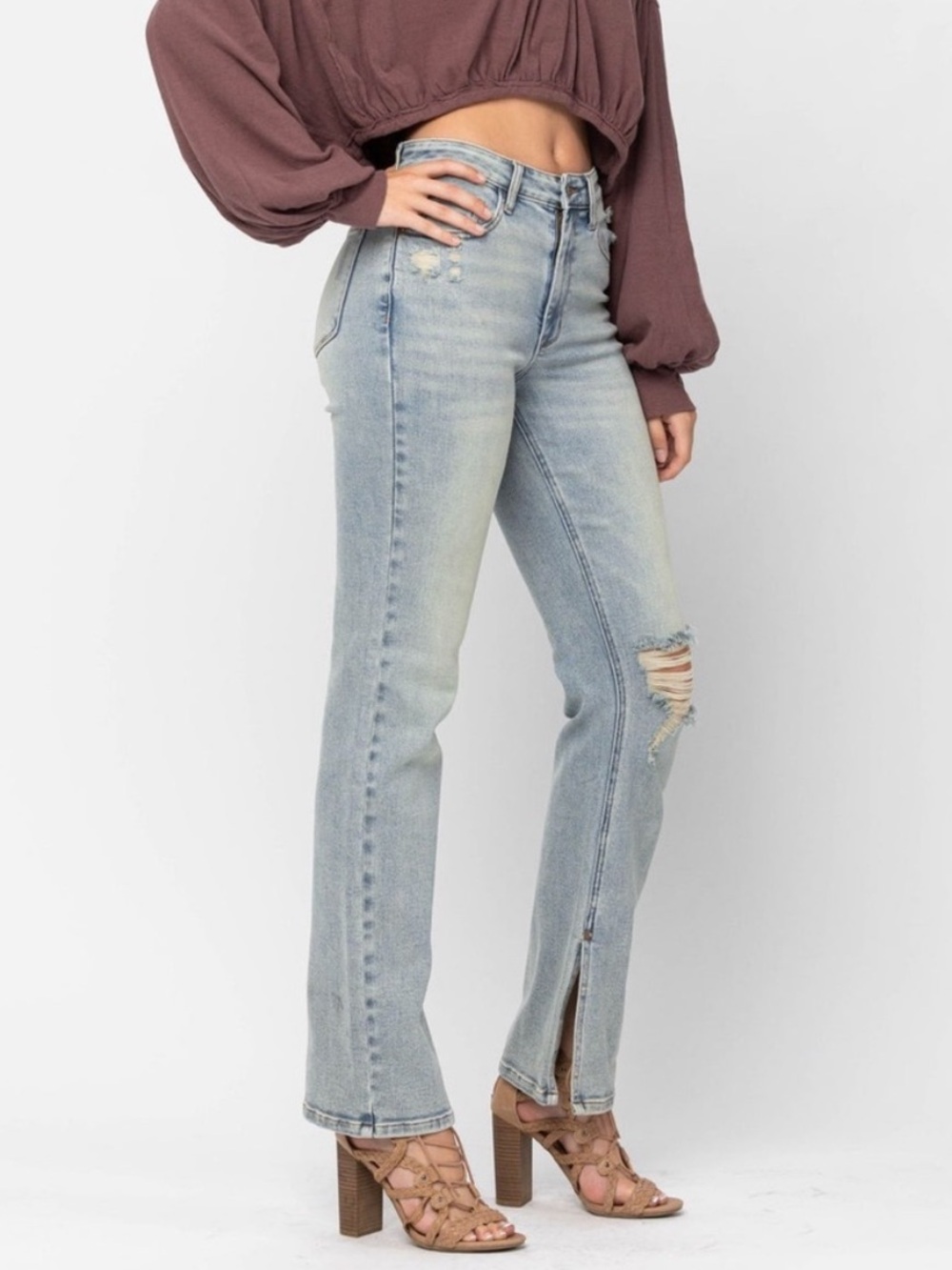 Judy Blue Light Wash Jeans Split Hem Straight Distressed Stretch Women’s 30